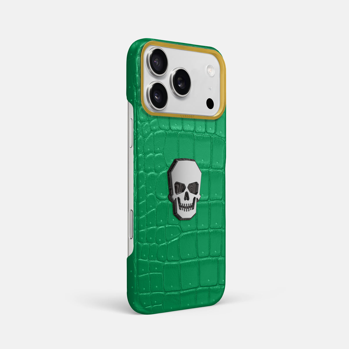 Classic Case With Titanium Skull For iPhone 17 Pro Max In Porosus Crocodile -2 | Cactus-Green-Gold