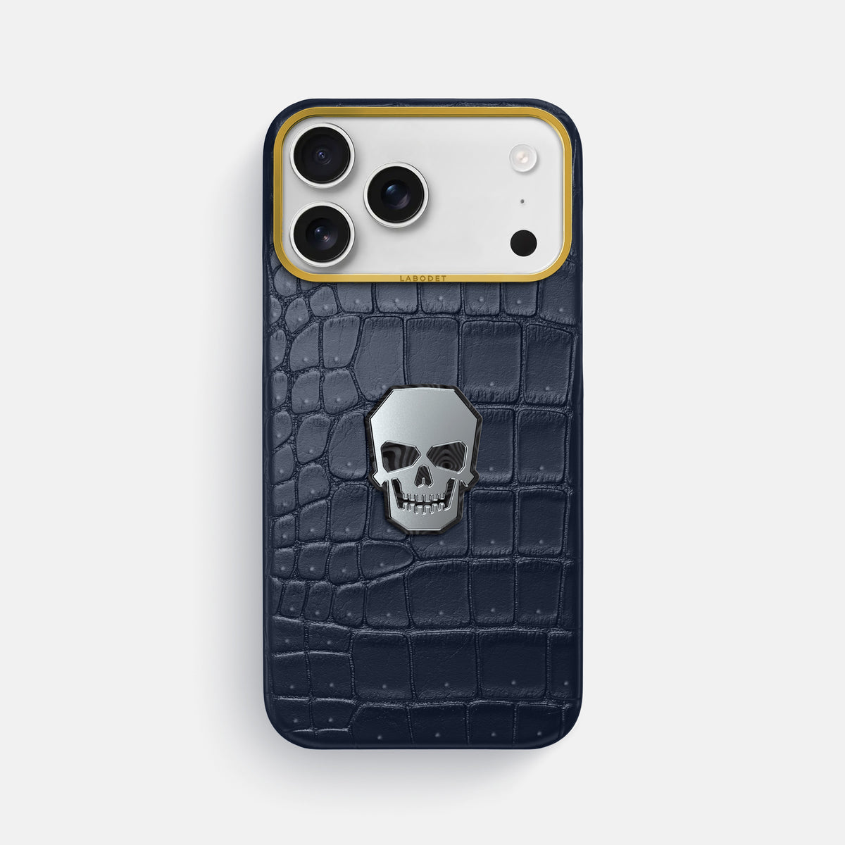 Classic Case With Titanium Skull For iPhone 17 Pro Max In Porosus Crocodile -1 | Deep-Blue-Sea-Gold
