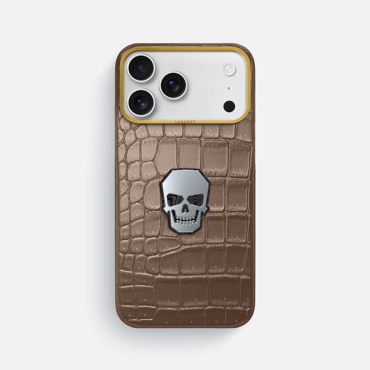 Classic Case With Titanium Skull For iPhone 17 Pro Max In Porosus Crocodile -1 | Fur-Brown-Gold