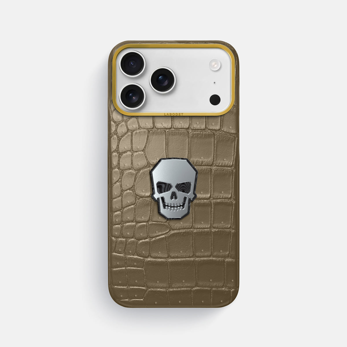 Classic Case With Titanium Skull For iPhone 17 Pro Max In Porosus Crocodile -1 | Kaki-Green-Gold