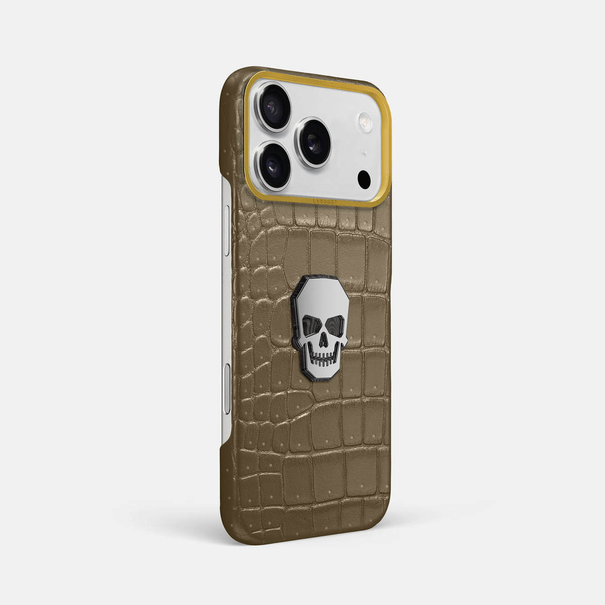 Classic Case With Titanium Skull For iPhone 17 Pro Max In Porosus Crocodile -2 | Kaki-Green-Gold