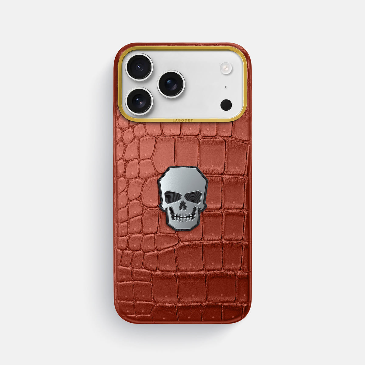 Classic Case With Titanium Skull For iPhone 17 Pro Max In Porosus Crocodile -1 | Mahogany-Brown-Gold