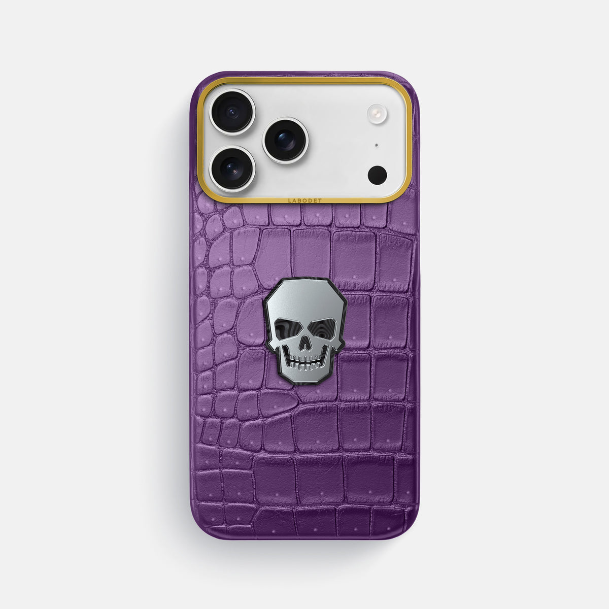 Classic Case With Titanium Skull For iPhone 17 Pro Max In Porosus Crocodile -1 | Purple-Gold