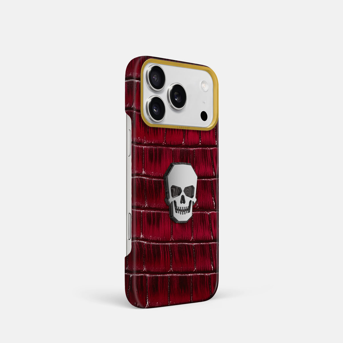 Classic Case With Titanium Skull For iPhone 17 Pro In Patina Alligator -2 | Havana-Burgundy-Gold