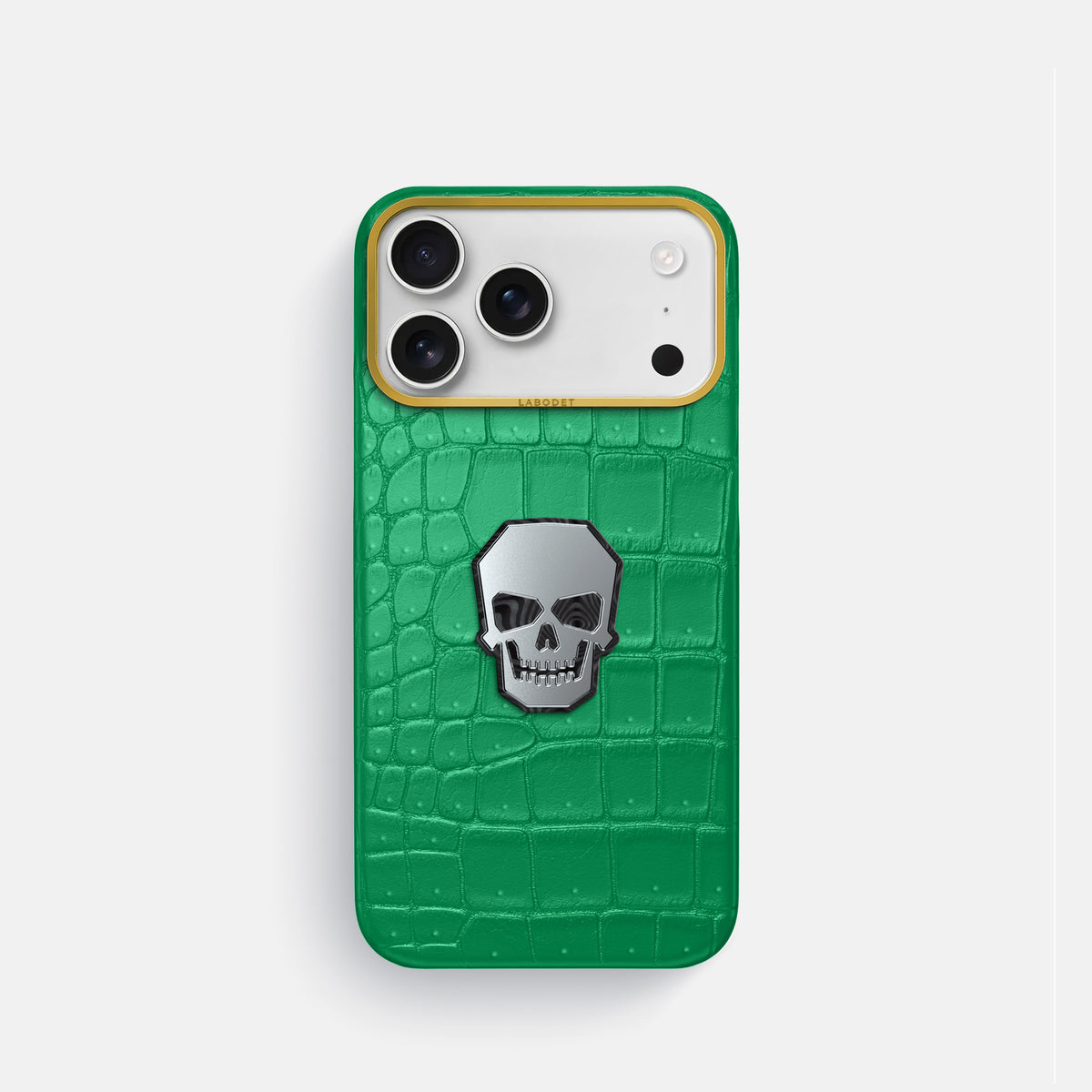 Classic Case With Titanium Skull For iPhone 17 Pro In Porosus Crocodile -1 | Cactus-Green-Gold