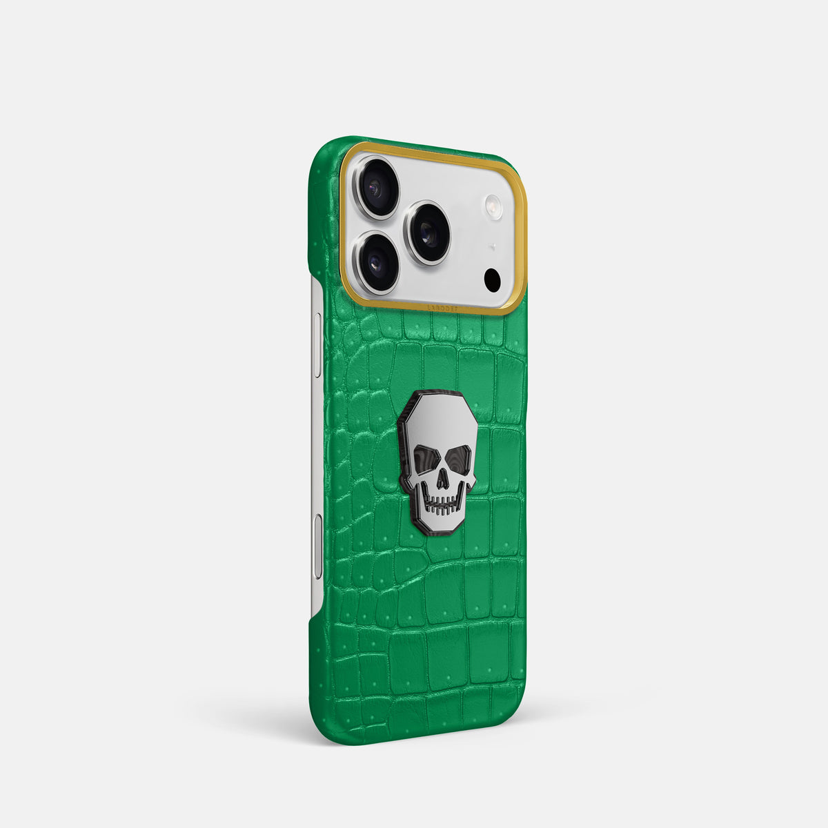 Classic Case With Titanium Skull For iPhone 17 Pro In Porosus Crocodile -2 | Cactus-Green-Gold