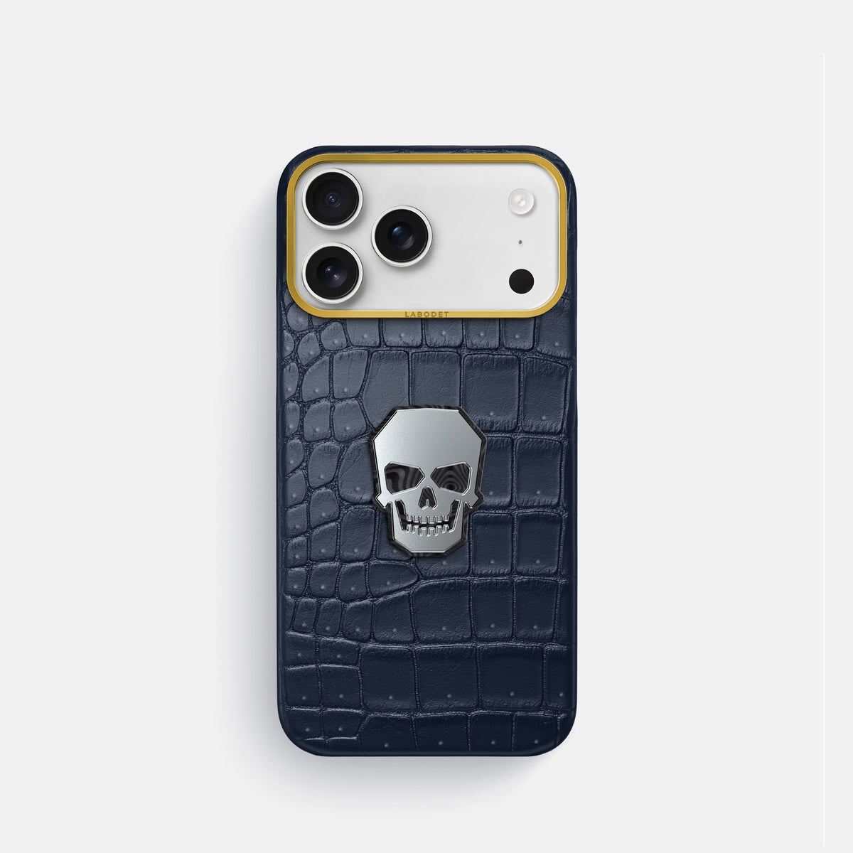 Classic Case With Titanium Skull For iPhone 17 Pro In Porosus Crocodile -1 | Deep-Blue-Sea-Gold