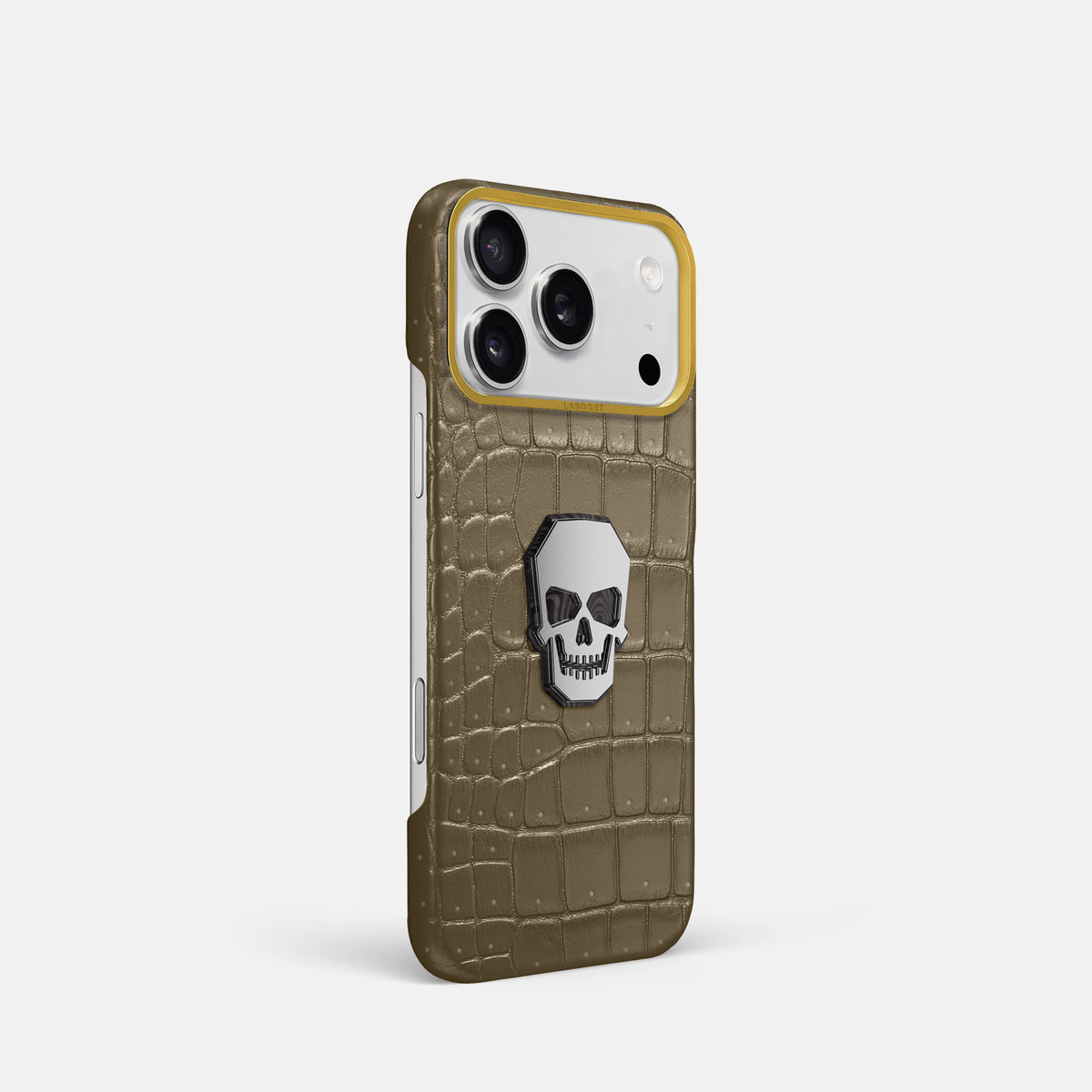 Classic Case With Titanium Skull For iPhone 17 Pro In Porosus Crocodile -2 | Kaki-Green-Gold