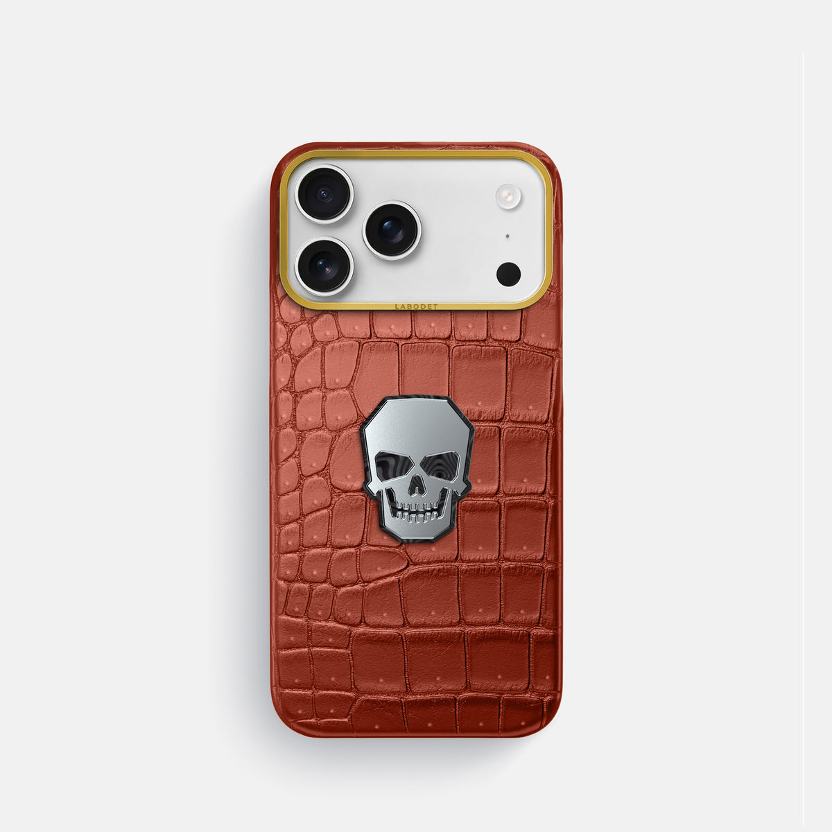 Classic Case With Titanium Skull For iPhone 17 Pro In Porosus Crocodile -1 | Mahogany-Brown-Gold