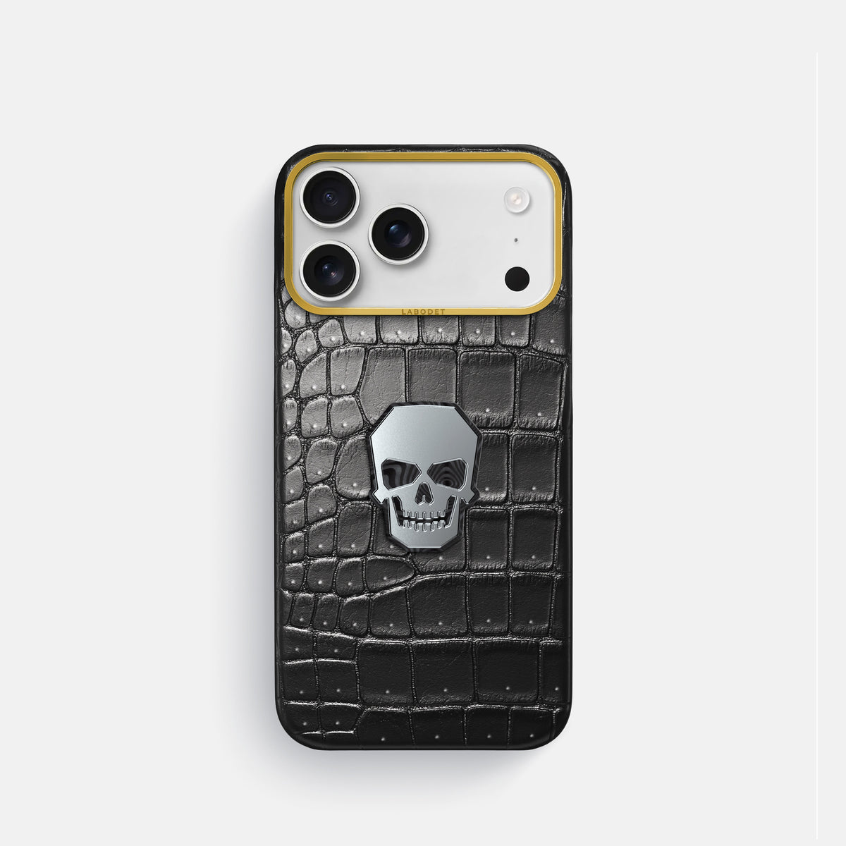 Classic Case With Titanium Skull For iPhone 17 Pro In Porosus Crocodile -1 | Shiny-Black-Gold