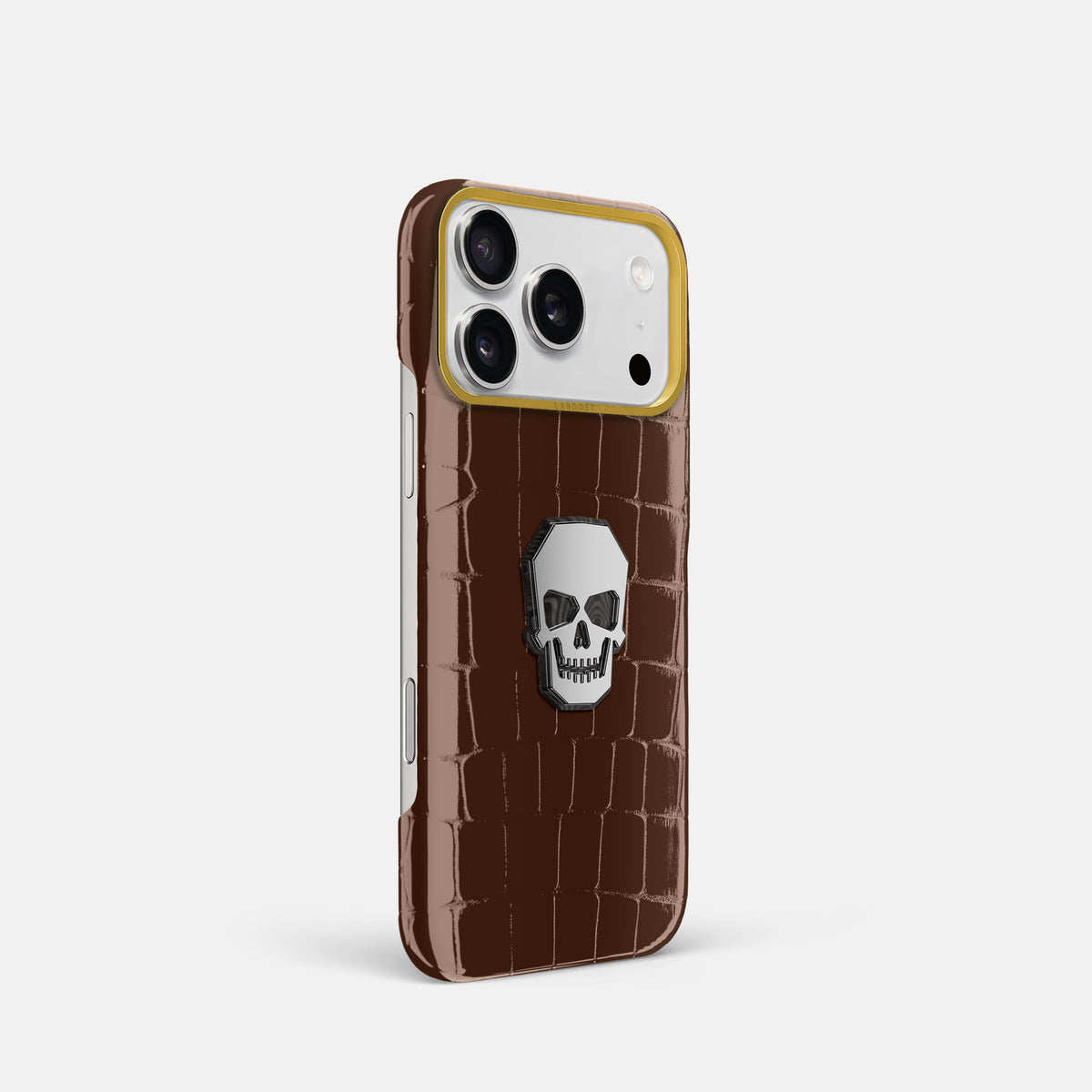 Classic Case With Titanium Skull For iPhone 17 Pro In Shiny Alligator -2 | Brown-Gold
