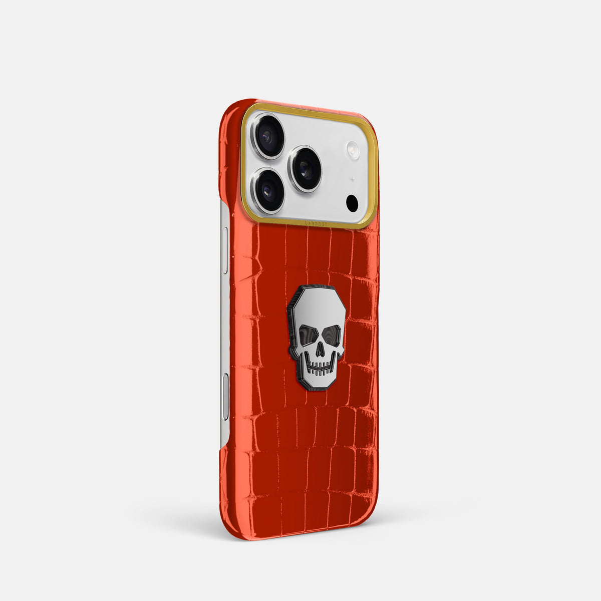 Classic Case With Titanium Skull For iPhone 17 Pro In Shiny Alligator -2 | Orange-Gold