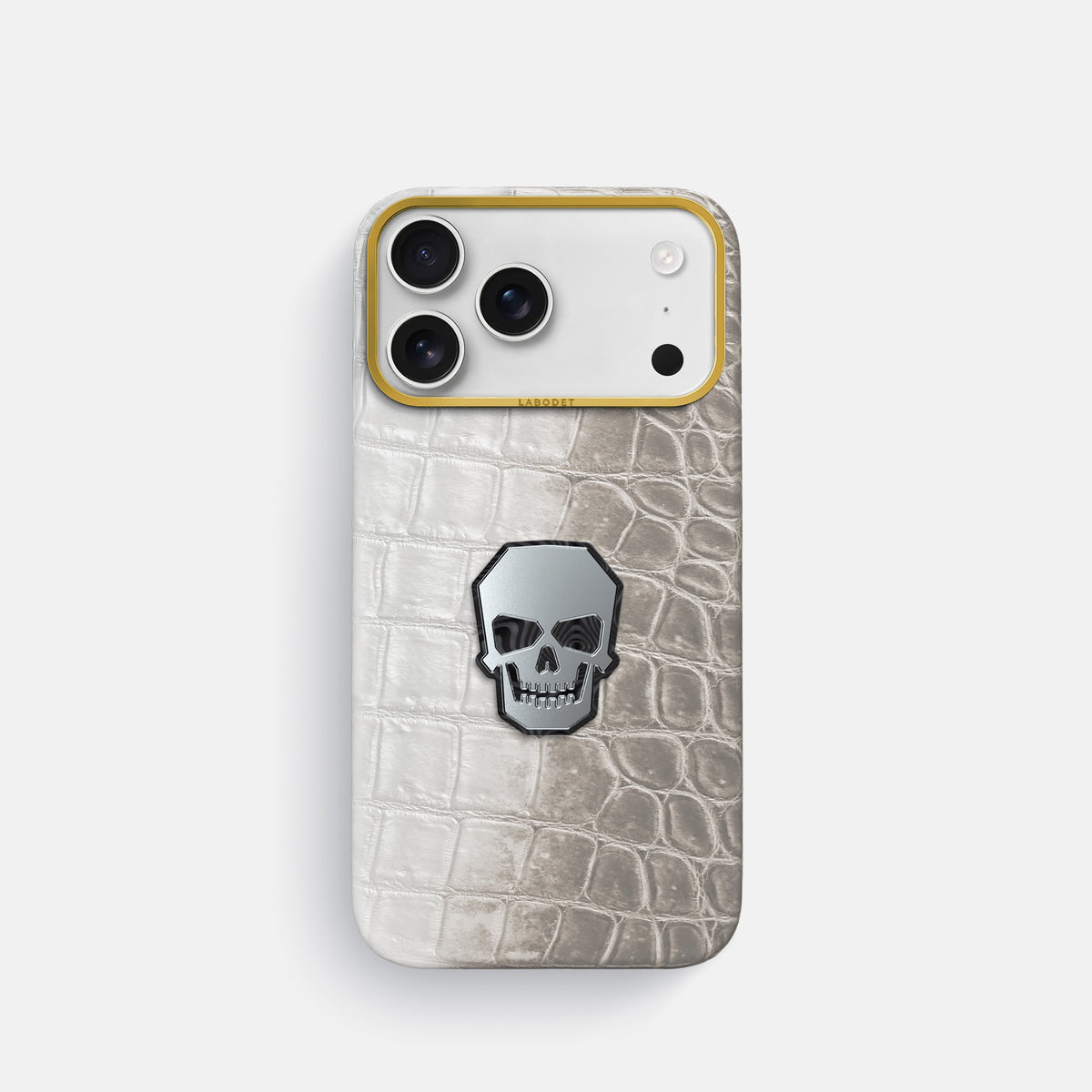 Classic Case With Titanium Skull For iPhone 18 Pro In Himalayan Crocodile -1 | Grey-Gold