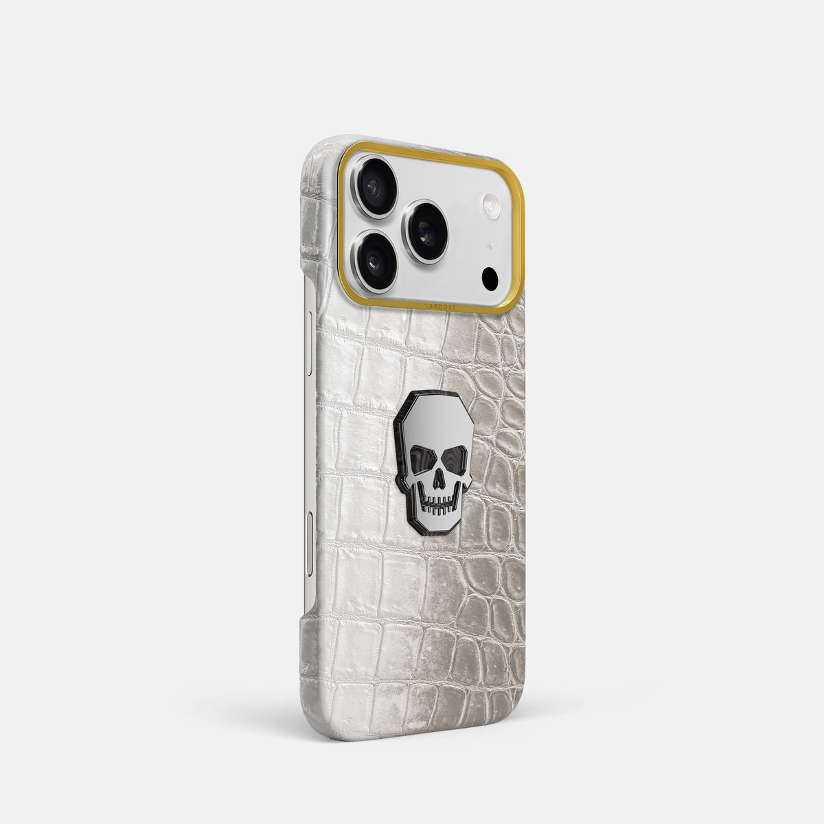 Classic Case With Titanium Skull For iPhone 18 Pro In Himalayan Crocodile -2 | Grey-Gold