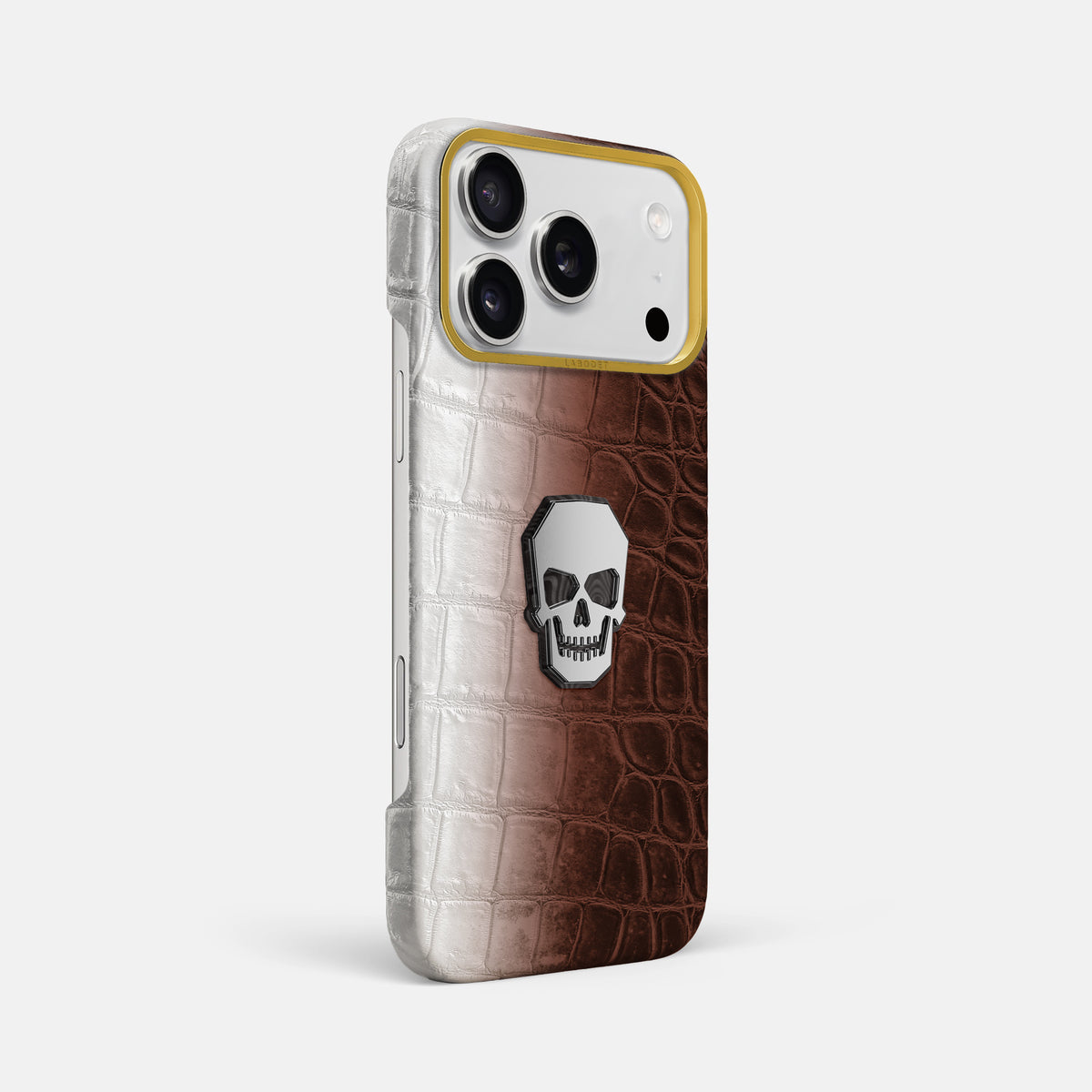 Classic Case With Titanium Skull For iPhone 18 Pro Max In Himalayan Crocodile -2 | Dark-Brown-Gold