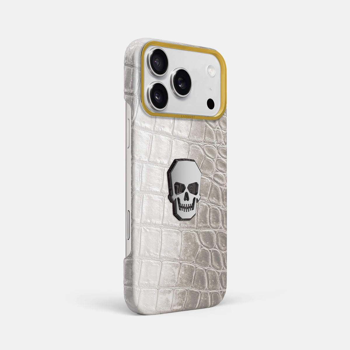 Classic Case With Titanium Skull For iPhone 18 Pro Max In Himalayan Crocodile -2 | Grey-Gold