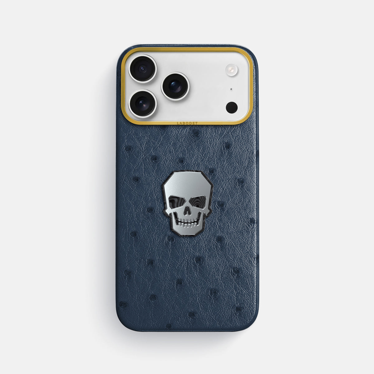 Classic Case With Titanium Skull For iPhone 18 Pro Max In Ostrich -1 | Navy-Blue-Gold