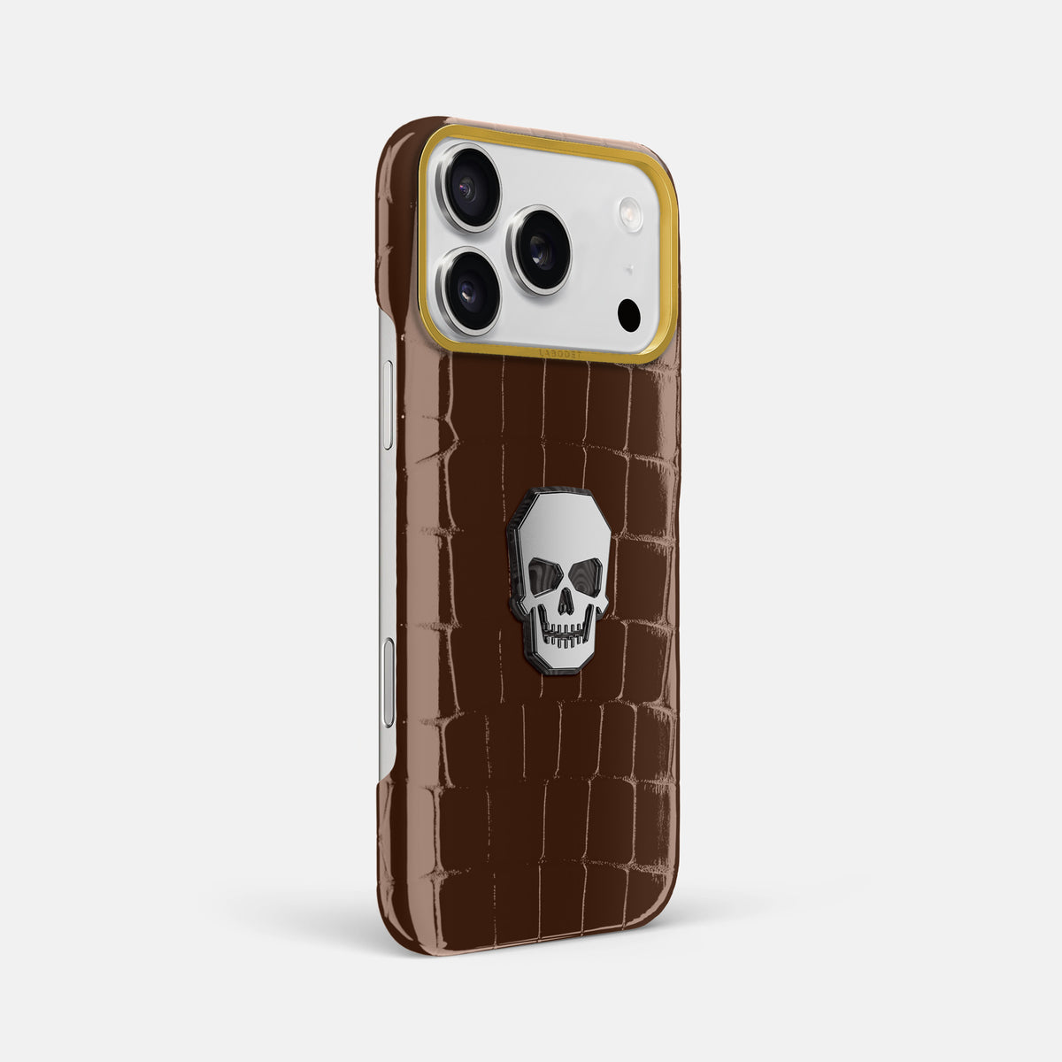 Classic Case With Titanium Skull For iPhone 18 Pro Max In Shiny Alligator -2 | Brown-Gold