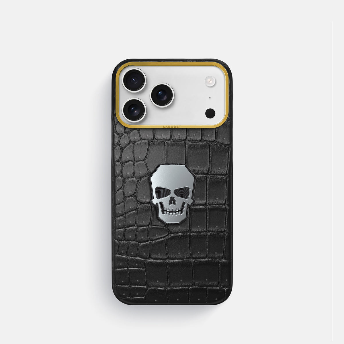 Classic Case With Titanium Skull For iPhone 18 Pro In Porosus Crocodile -1 | Black-Gold