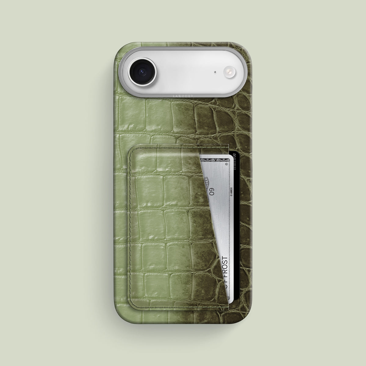 Celadon Green iPhone 17 Air Double Card Case Himalayan Crocodile with Steel Metal -1 | Celadon-Green-Steel