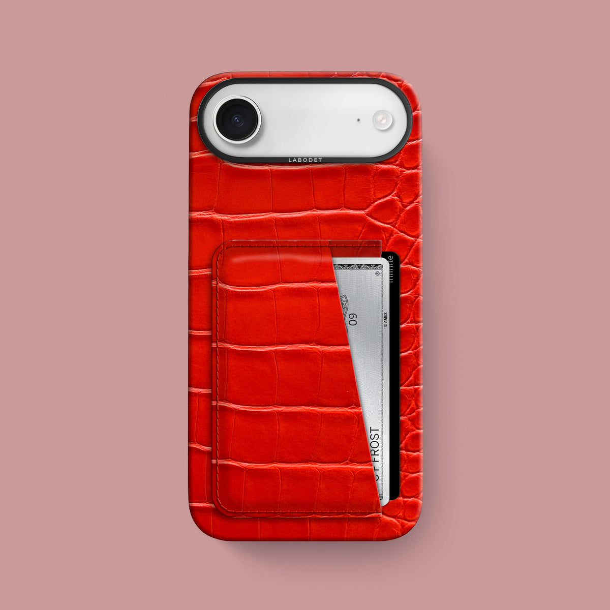 iPhone 17 Air Double Card Case  Deep Coral Alligator with Black Metal -1 | Deep-Coral-Black