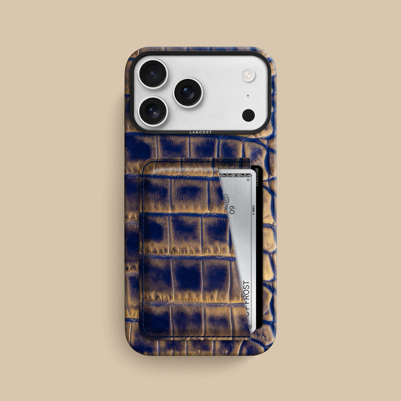 Golden-Blue iPhone 17 Pro Max Double Card Case 1/1 Alligator with Black Metal -1 | Golden-Blue-Black