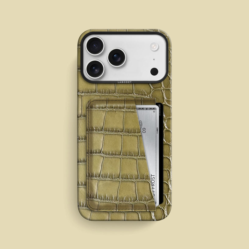 Pistachio iPhone 17 Pro Max Double Card Case 1/1 Alligator with Black Metal -1 | Pistachio-Black