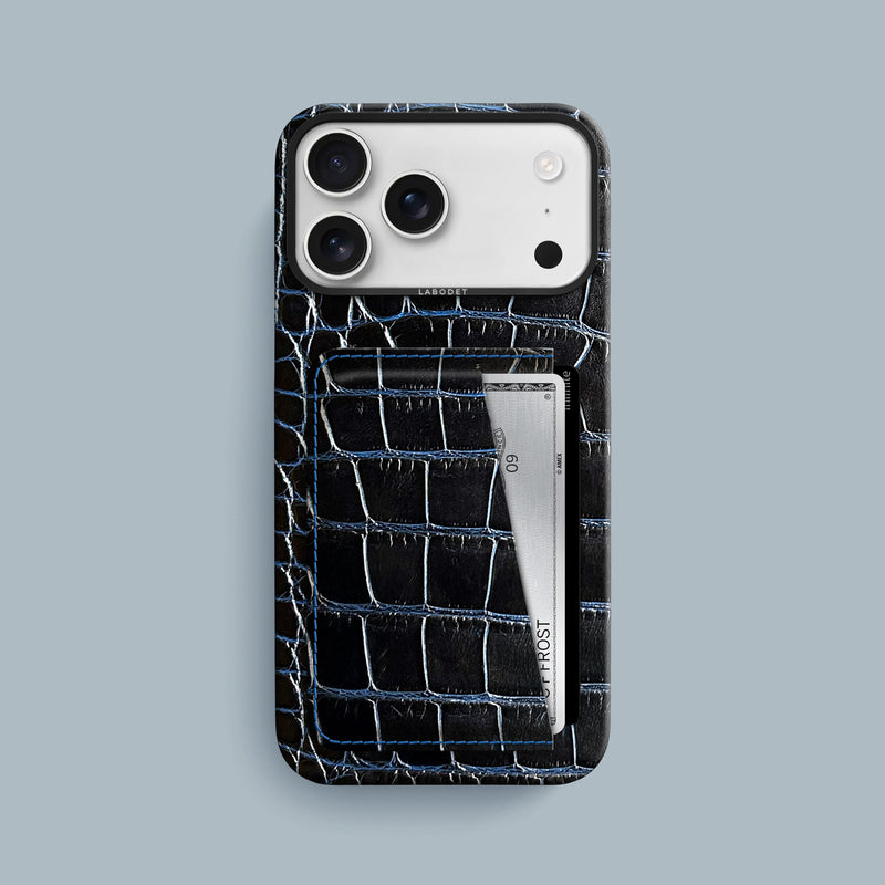 Obsidian-Blue iPhone 17 Pro Max Double Card Case 1/1 Alligator with Black Metal -1 | Obsidian-Blue-Black