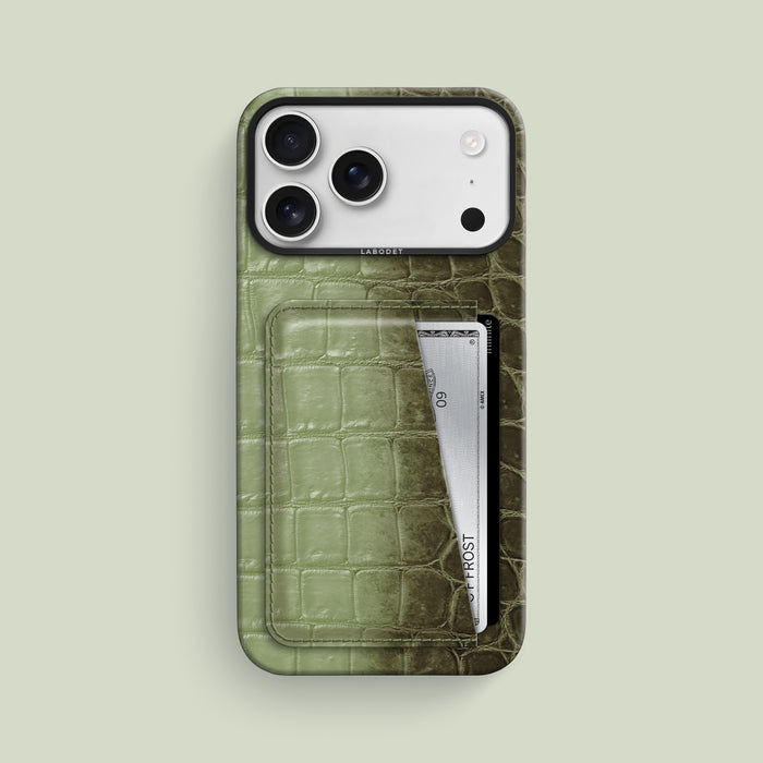 Celadon Green iPhone 17 Pro Max Double Card Case Himalayan Crocodile with Black Metal -1 | Celadon-Green-Black