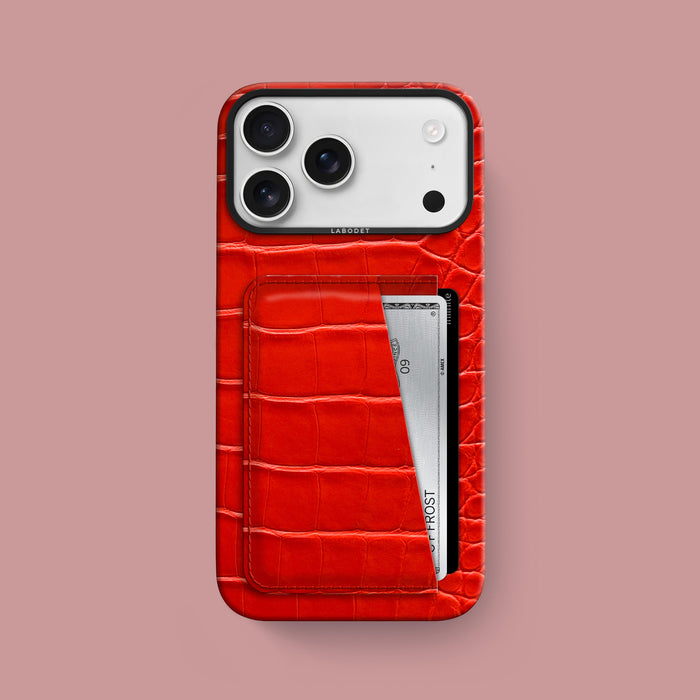 iPhone 17 Pro Max Double Card Case  Deep Coral Alligator with Black Metal -1 | Deep-Coral-Black
