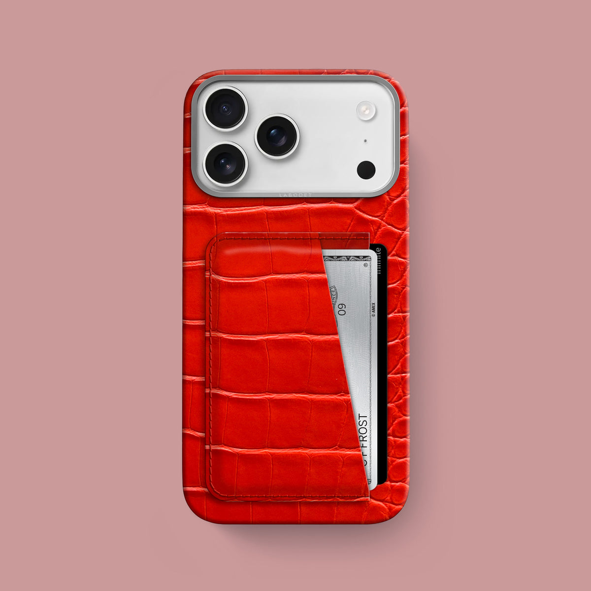 iPhone 17 Pro Max Double Card Case  Deep Coral Alligator with Steel Metal -1 | Deep-Coral-Steel