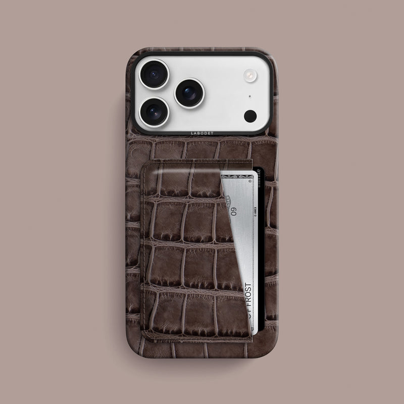 Iced-Chocolate iPhone 17 Pro Max Double Card Case 1/1 Alligator with Black Metal -1 | Iced-Chocolate-Black