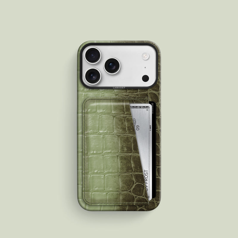 Celadon Green iPhone 17 Pro Double Card Case Himalayan Crocodile with Black Metal -1 | Celadon-Green-Black