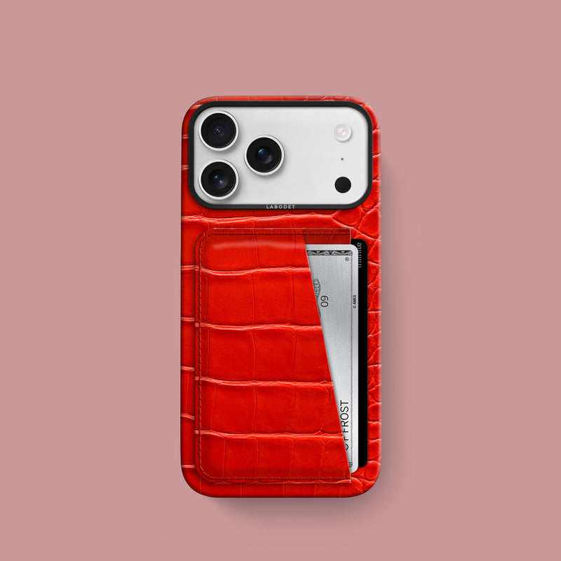 iPhone 17 Pro Double Card Case  Deep Coral Alligator with Black Metal -1 | Deep-Coral-Black