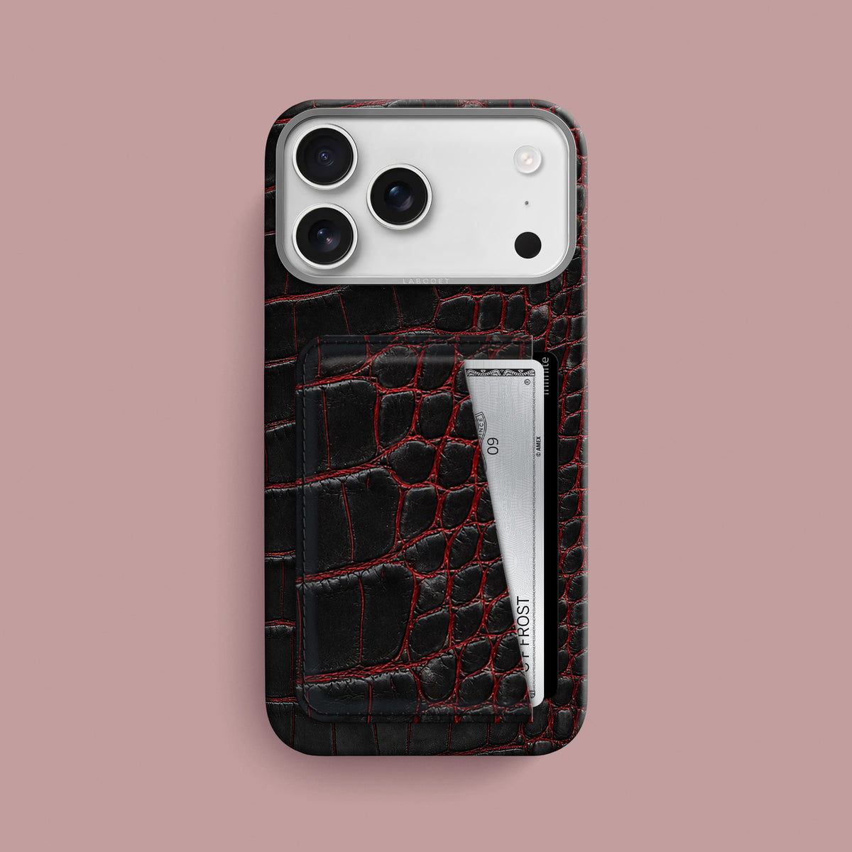 Black-Crimson iPhone 18 Pro Max Double Card Case 1/1 Alligator with Steel Metal -1 | Black-Crimson-Steel
