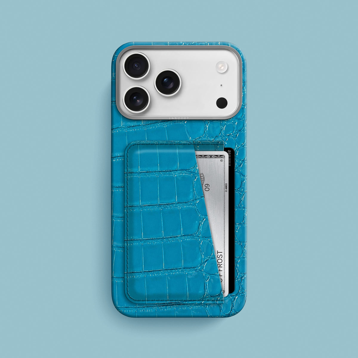Turquoise-Lagoon iPhone 18 Pro Max Double Card Case 1/1 Alligator with Steel Metal -1 | Turquoise-Lagoon-Steel