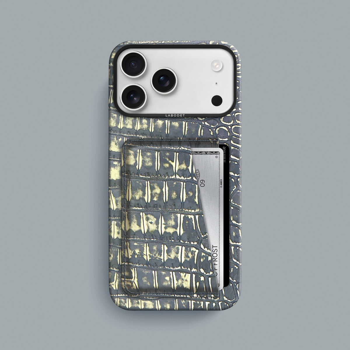 Slate-Ivory iPhone 18 Pro Max Double Card Case 1/1 Alligator with Black Metal -1 | Slate-Ivory-Black