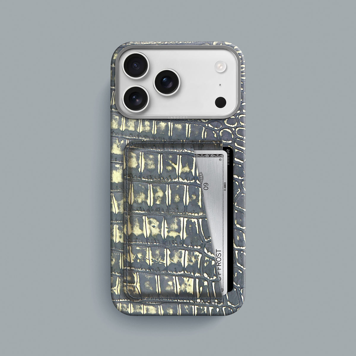 Slate-Ivory iPhone 18 Pro Max Double Card Case 1/1 Alligator with Steel Metal -1 | Slate-Ivory-Steel
