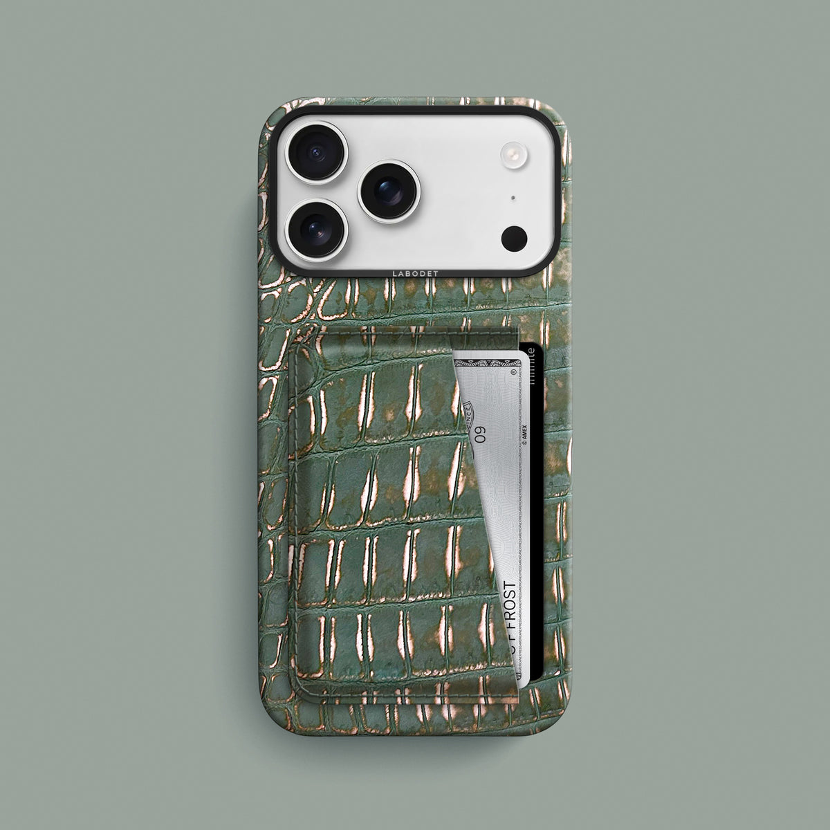 Sage-Patina iPhone 18 Pro Max Double Card Case 1/1 Alligator with Black Metal -1 | Sage-Patina-Black