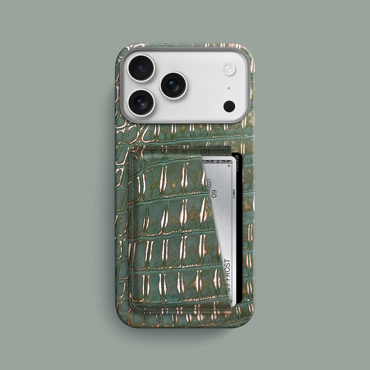 Sage-Patina iPhone 18 Pro Max Double Card Case 1/1 Alligator with Steel Metal -1 | Sage-Patina-Steel