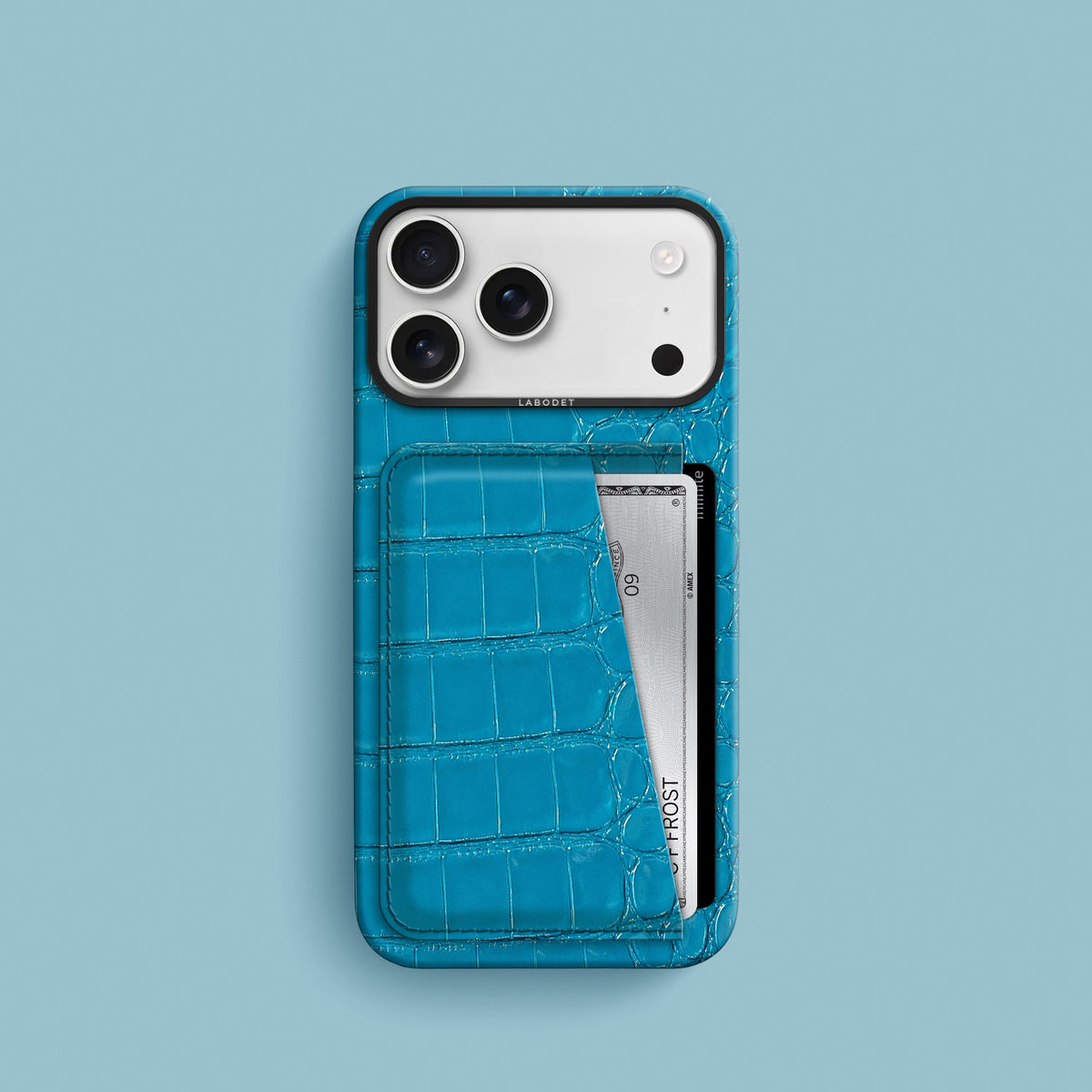 Turquoise-Lagoon iPhone 18 Pro Double Card Case 1/1 Alligator with Black Metal -1 | Turquoise-Lagoon-Black