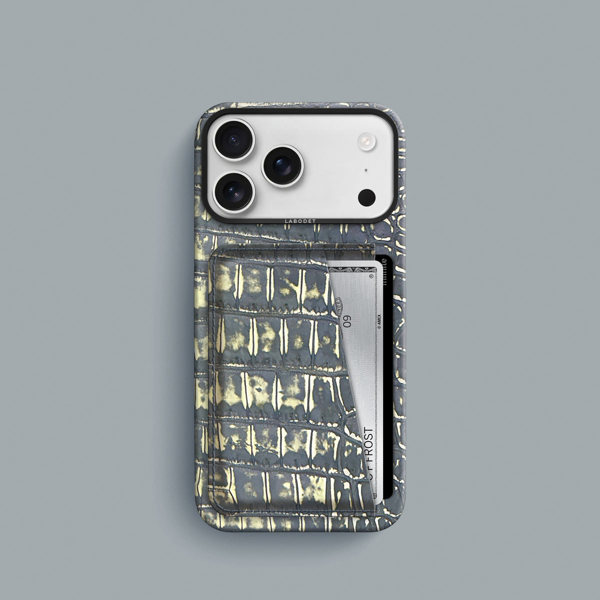 Slate-Ivory iPhone 18 Pro Double Card Case 1/1 Alligator with Black Metal -1 | Slate-Ivory-Black