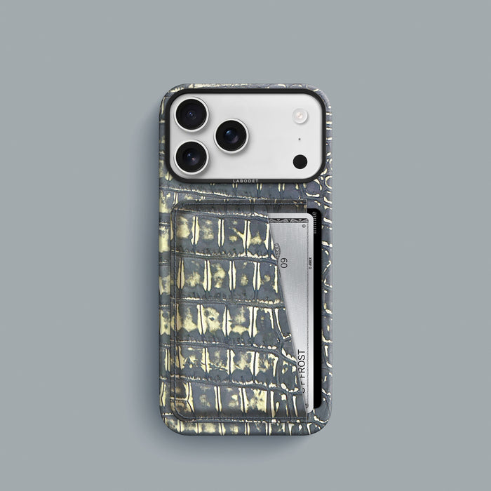 Slate-Ivory iPhone 18 Pro Double Card Case 1/1 Alligator with Black Metal -1 | Slate-Ivory-Black