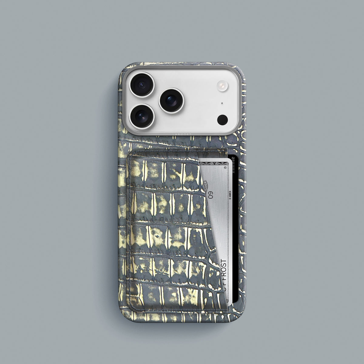 Slate-Ivory iPhone 18 Pro Double Card Case 1/1 Alligator with Steel Metal -1 | Slate-Ivory-Steel