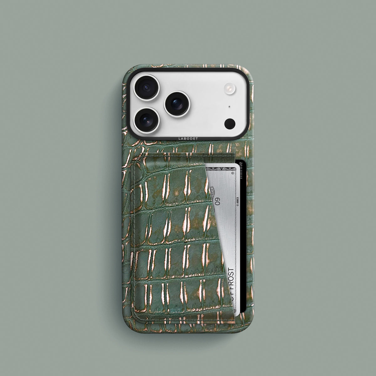 Sage-Patina iPhone 18 Pro Double Card Case 1/1 Alligator with Black Metal -1 | Sage-Patina-Black