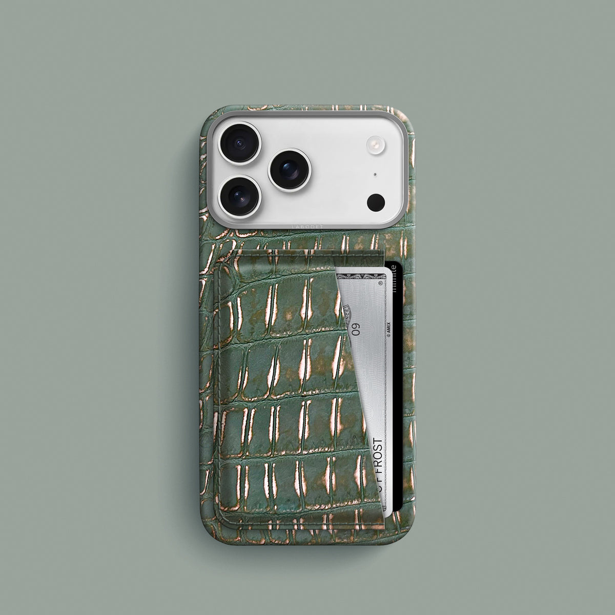 Sage-Patina iPhone 18 Pro Double Card Case 1/1 Alligator with Steel Metal -1 | Sage-Patina-Steel