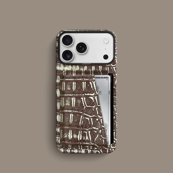Ivory-Chocolate iPhone 18 Pro Double Card Case 1/1 Alligator with Black Metal -1 | Ivory-Chocolate-Black