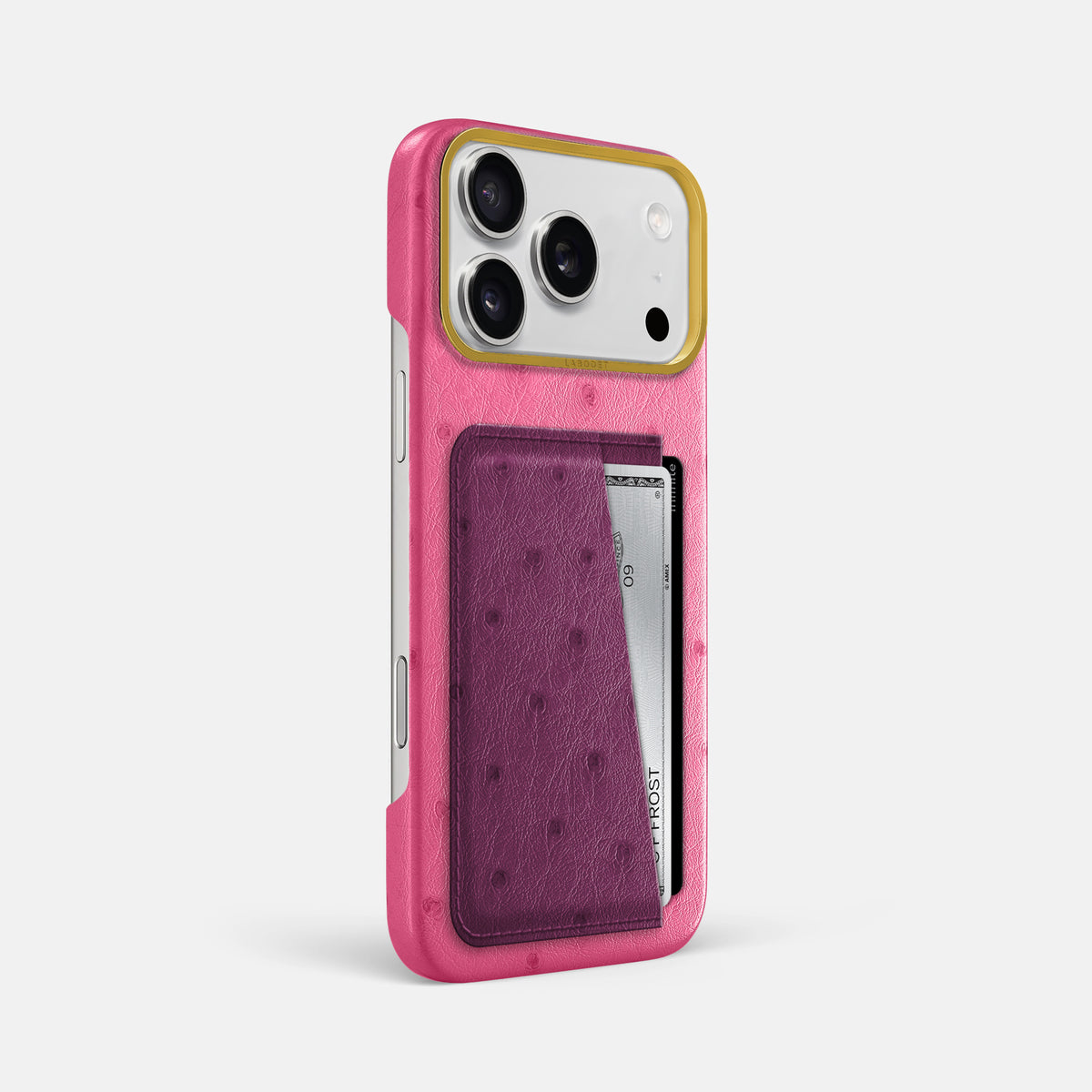 Double Card Case Coloré For iPhone 17 Pro Max In Ostrich -2 | Pink-Gold