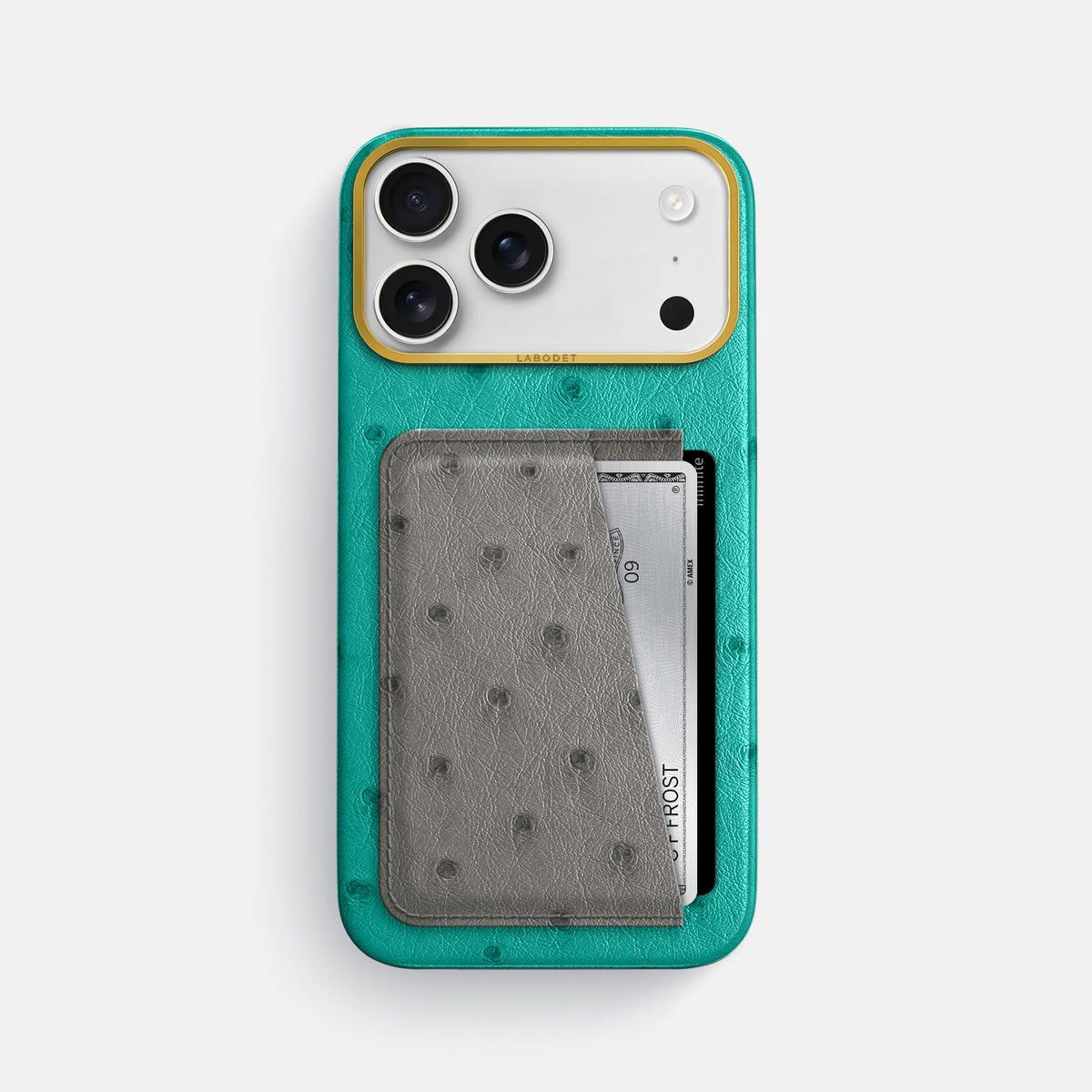 Double Card Case Coloré For iPhone 17 Pro Max In Ostrich -1 | Turquoise-Gold