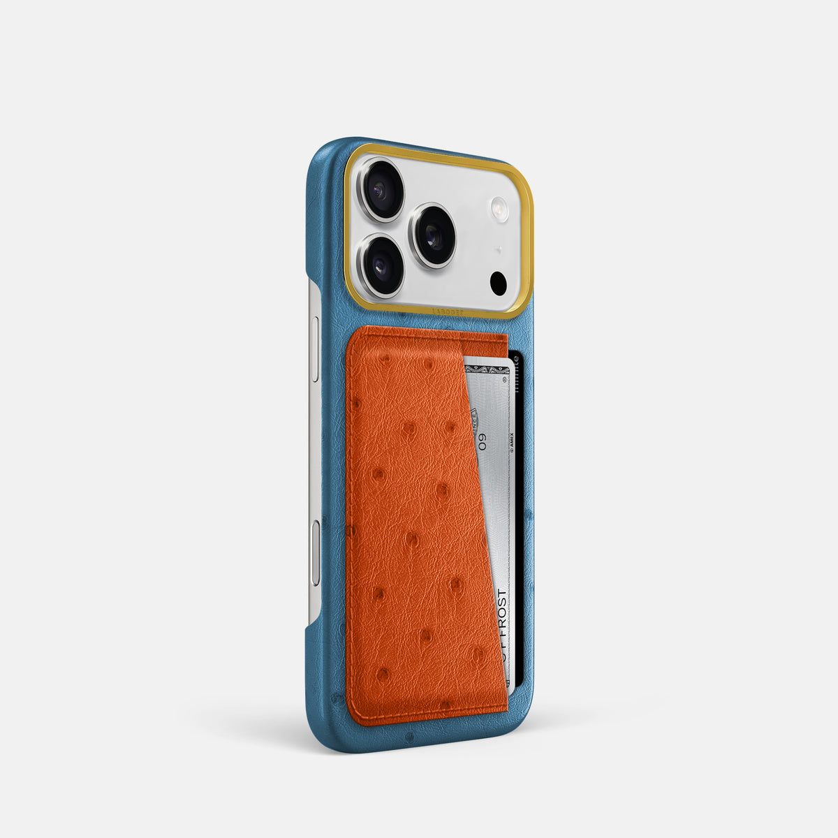 Double Card Case Coloré For iPhone 17 Pro In Ostrich -2 | Blue-Jeans-Gold